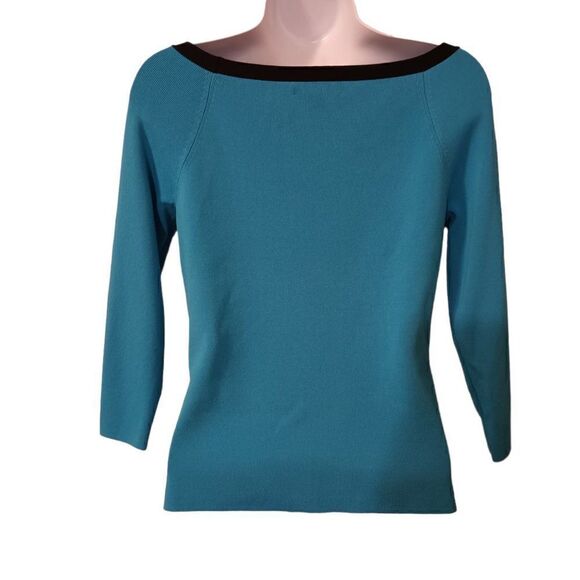 Pointelle turquoise/black bateau neck knit top sweater size S - Picture 4 of 6